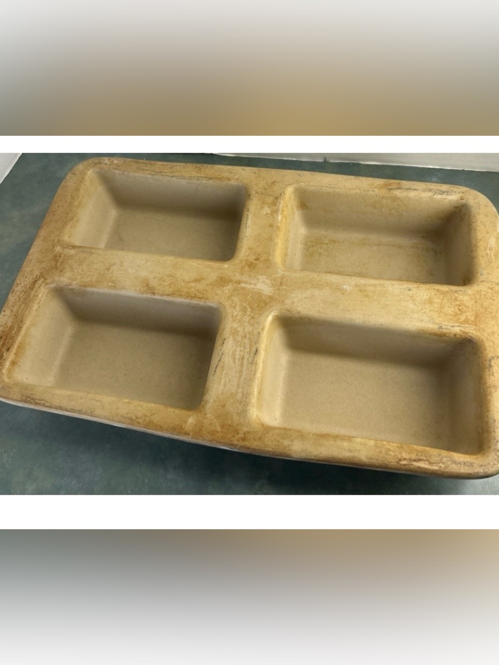Pampered Chef 4 Mini Loaf Stoneware Pan USA 15x9 Natural Baking Pan AS-IS Read